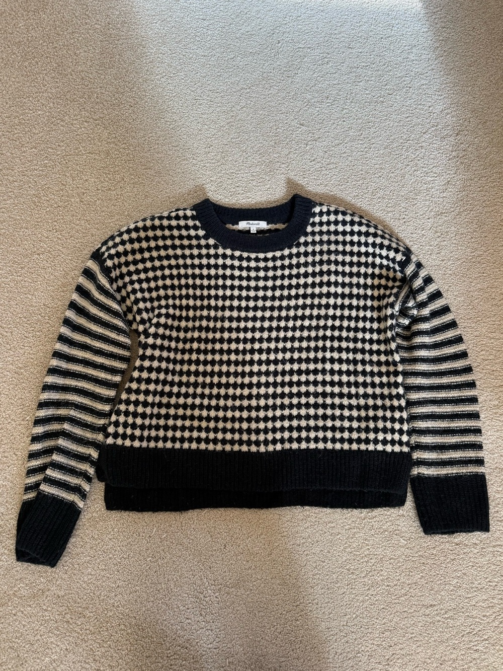 Madewell Black and Cream Geometric Crewneck Sweater